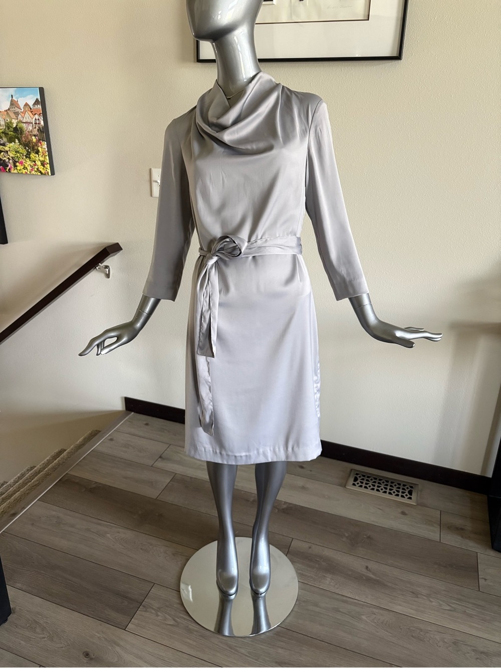 H&M Silky Light Gray Cowl Neck Tie-Waist Dress